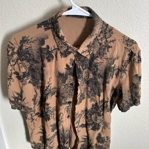 Men's Casual Button Down Shirt - Black Floral on Tan